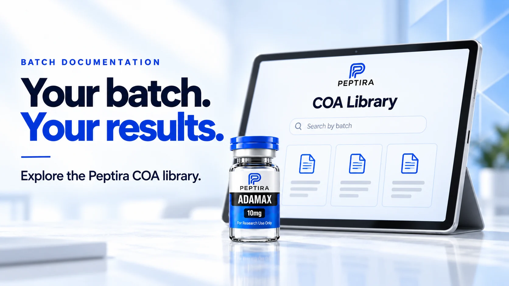 Your batch, your COA — the Peptira COA library beside an ADAMAX vial
